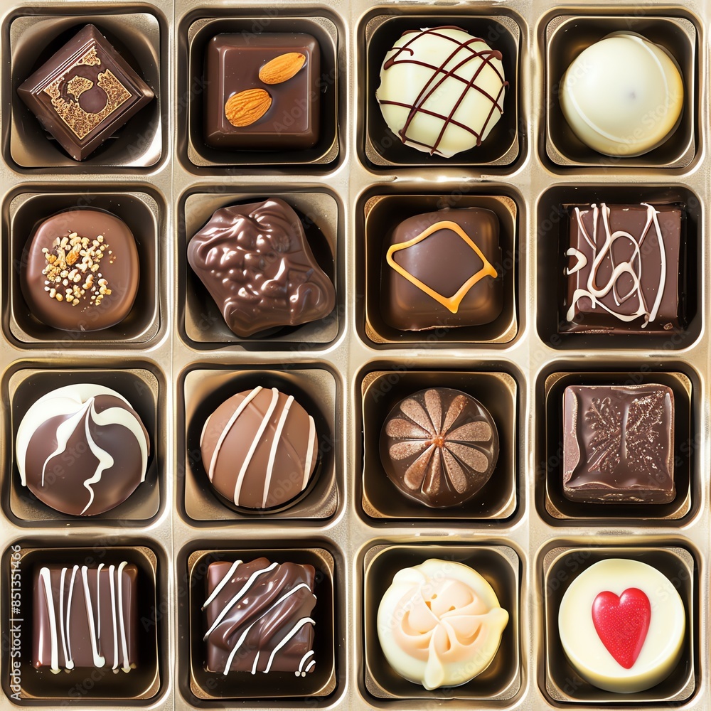 A box of assorted delicious chocolates, beautifully arranged with varied shapes and flavors, elegant packaging, isolated on white background, ample space for text or branding A box of assorted delicious chocolates, beautifully arranged with varied shapes and flavors, elegant packaging, isolated on white background, ample space for text or branding