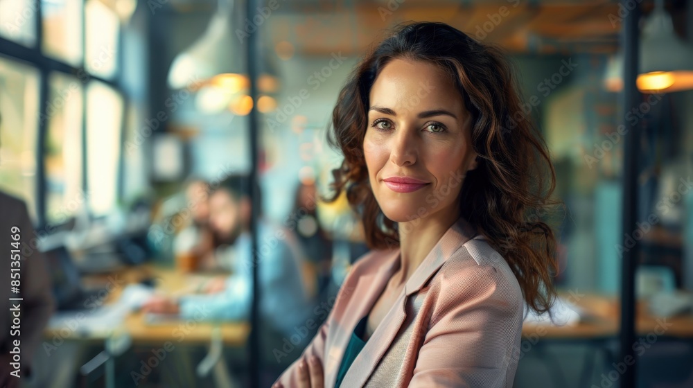 A woman with curly hair is sitting at a table with a laptop and a pen. She is smiling and she is focused on her work A woman with curly hair is sitting at a table with a laptop and a pen. She is smiling and she is focused on her work