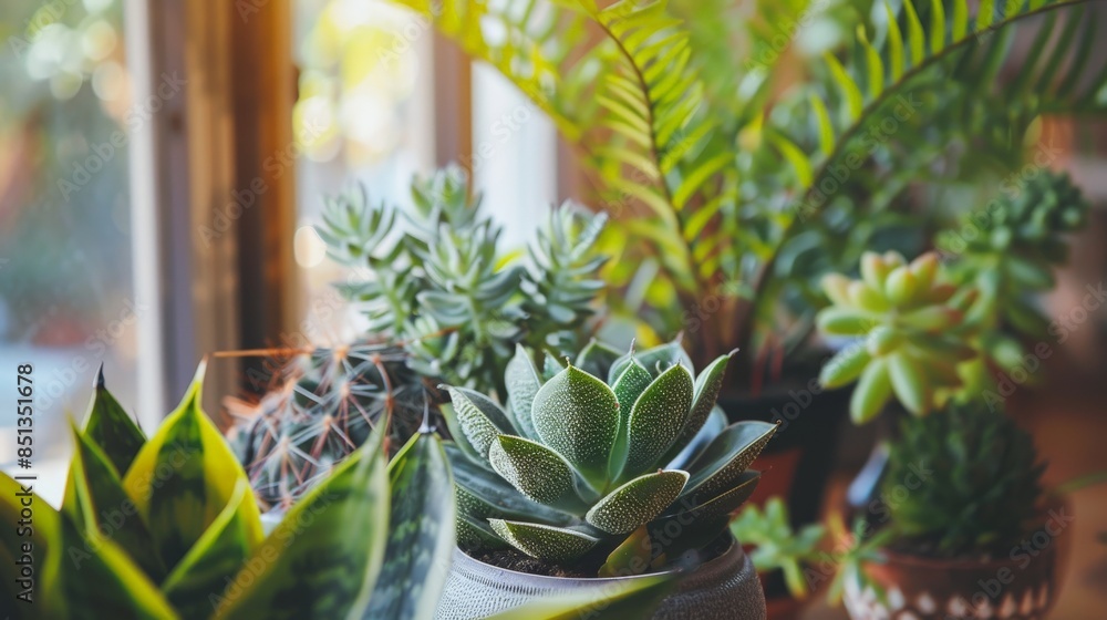 Fototapeta premium Close-up of a variety of indoor houseplants including succulents and ferns, arranged on a windowsill, natural light, vibrant and detailed, home decor concept