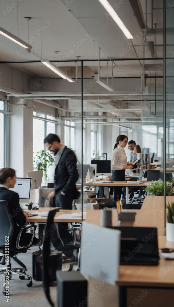 Modern workspace, blurred business colleagues. Modern workspace, blurred business colleagues.