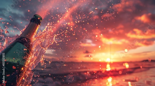 Euphoric Champagne Spray at Sports Victory Celebration, Sunset Glow hyper realistic 