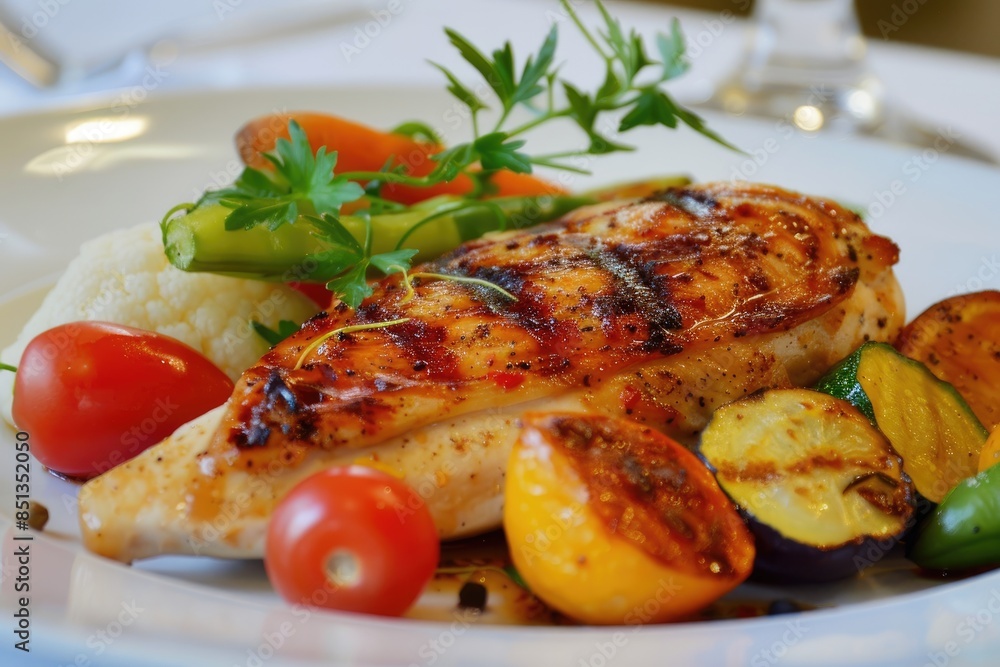 A plate of grilled chicken and roasted vegetables served on a clean, white plate A plate of grilled chicken and roasted vegetables served on a clean, white plate