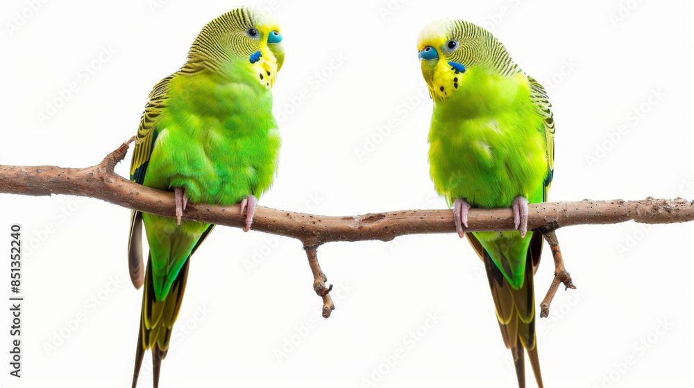 Fototapeta premium two green parakeets on a branch isolated on white background