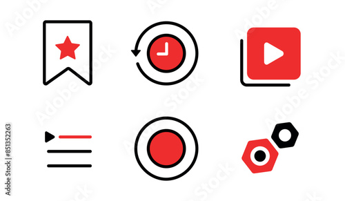media settings icons, settings, favorites, audio recording, media player, time, playback, re-record.  Icons for web design