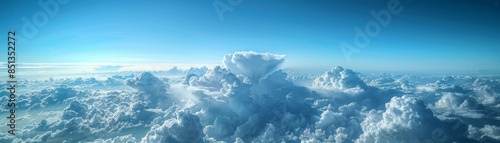 View from airplane window, air pocket causing slight turbulence, clear sky and fluffy cloud formations, realism, high detail, calm and unexpected scene © Steveandfriend