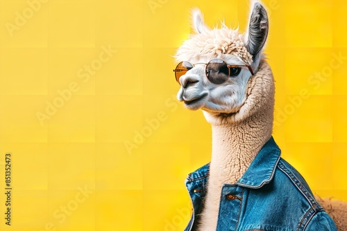 Funny animal photos - Stylish alpaca wearing sunglasses. Generative Ai