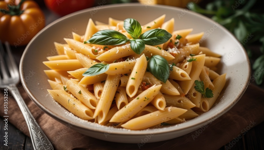 Relish in a bowl of al dente penne pasta, combined with fresh herbs, garlic, and tomatoes, and garnished with basil and Parmesan for a delightful meal Relish in a bowl of al dente penne pasta, combined with fresh herbs, garlic, and tomatoes, and garnished with basil and Parmesan for a delightful meal