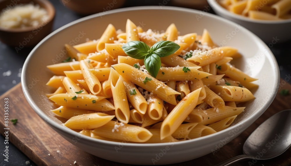 Indulge in this penne pasta delight, perfectly seasoned with herbs, garlic, and tomatoes, and topped with fresh basil leaves and grated Parmesan cheese Indulge in this penne pasta delight, perfectly seasoned with herbs, garlic, and tomatoes, and topped with fresh basil leaves and grated Parmesan cheese