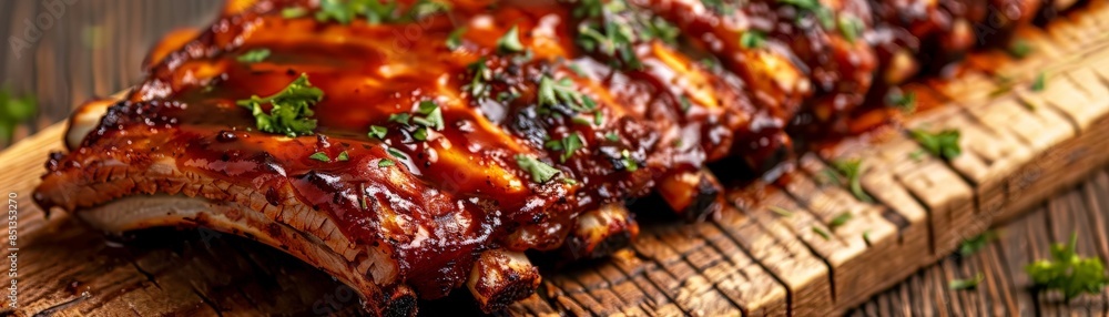 Close-up of juicy barbecue pork ribs with a smoky glaze, garnished with fresh herbs, on a wooden platter, outdoor setting Close-up of juicy barbecue pork ribs with a smoky glaze, garnished with fresh herbs, on a wooden platter, outdoor setting