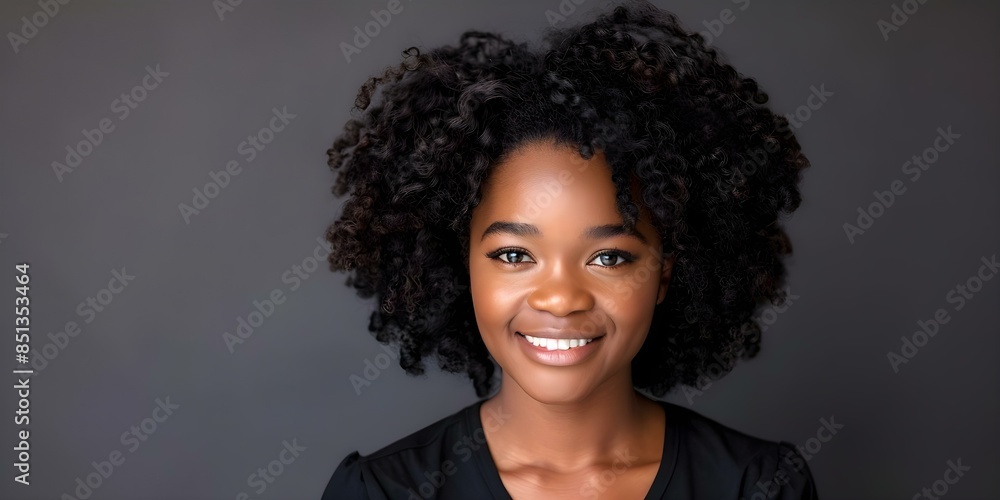 Black woman with curly hair forcing a smile displaying discomfort or unease. Concept Expressive Portrait, Forced Smile, Discomfort, Uncomfortable Expression, Authentic Emotion Black woman with curly hair forcing a smile displaying discomfort or unease. Concept Expressive Portrait, Forced Smile, Discomfort, Uncomfortable Expression, Authentic Emotion
