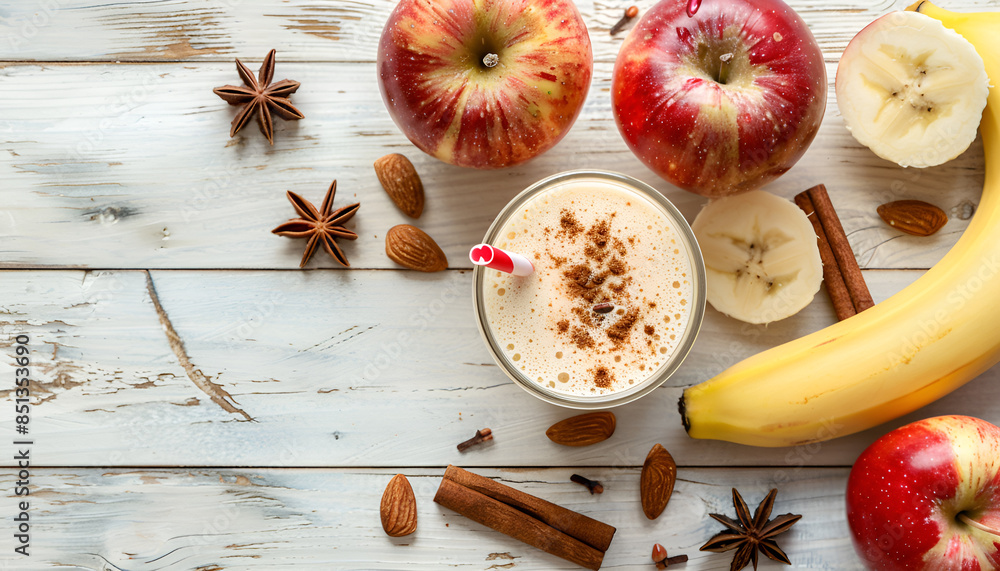 Healthy eating for weight loss: smoothie from red apples, banana, almonds and cinnamon on white wooden table Healthy eating for weight loss: smoothie from red apples, banana, almonds and cinnamon on white wooden table