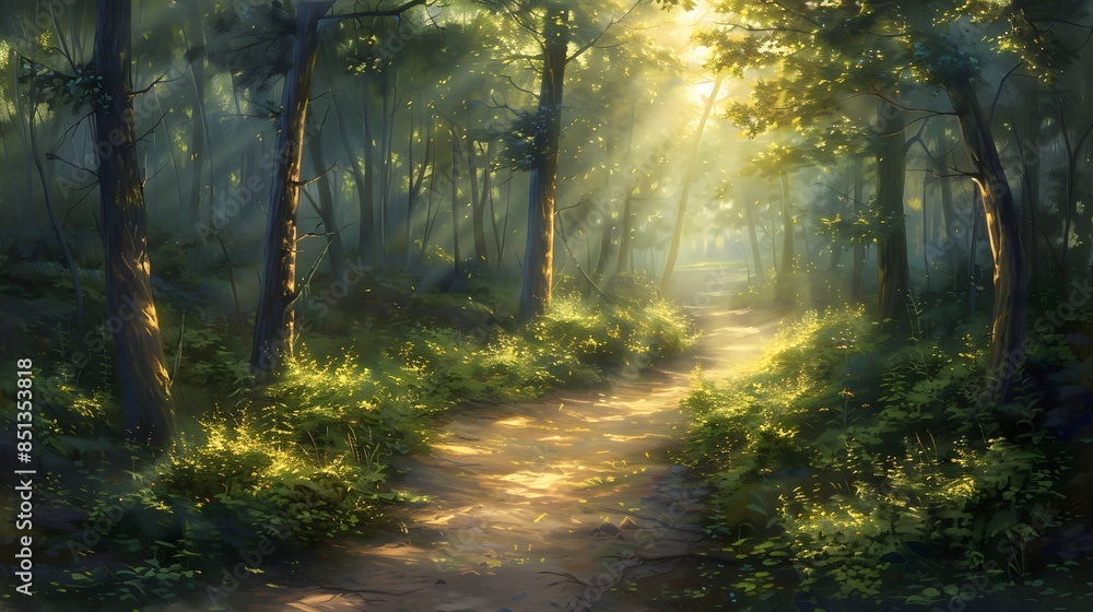 Obraz premium Sunbeams Illuminating a Forest Path