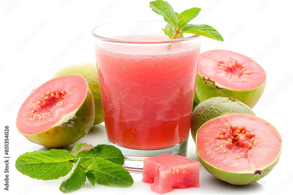 Smoothies guava in glass cup, guava fruit, and leaf mint inside. Isolated on white background. Smoothies guava in glass cup, guava fruit, and leaf mint inside. Isolated on white background.