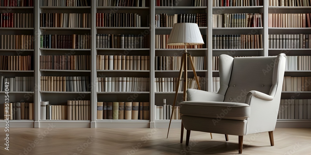 Comfortable reading corner with soft armchair lamp and full bookshelf. Concept Cozy Reading Nook, Soft Armchair, Warm Lighting, Bookshelf Organization Comfortable reading corner with soft armchair lamp and full bookshelf. Concept Cozy Reading Nook, Soft Armchair, Warm Lighting, Bookshelf Organization
