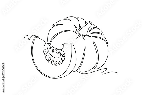 Single continuous line drawing whole round and sliced healthy organic pumpkin for orchard logo identity. Fresh seasonal fruitage concept for fruit garden. One line graphic design vector illustration