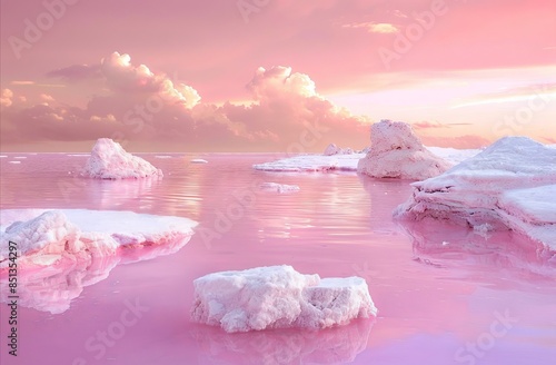 Pink water with icebergs and clouds. photo