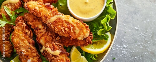 Golden fried chicken tenders with honey mustard dipping sauce, on a plate with fresh lettuce and lemon wedges, bright background