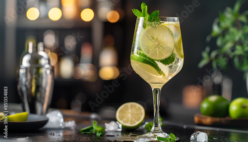 Hugo spritz cocktail drink with sparkling wine, elderflower syrup, soda, lime, mint and ice, dark bar counter background