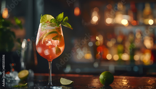 Hugo spritz cocktail drink with sparkling wine, elderflower syrup, soda, lime, mint and ice, dark bar counter background