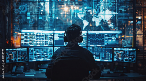 Wallpaper Mural A cybersecurity professional working on multiple monitors displaying various data, analyzing threats to ensure digital safety. Torontodigital.ca