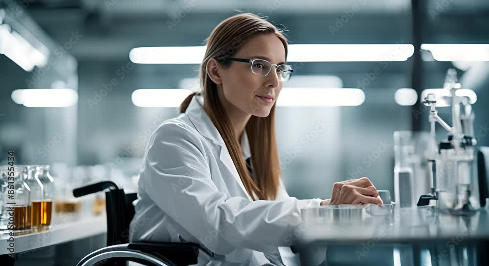 Scientist in wheelchair in the laboratory. Scientist in wheelchair in the laboratory.