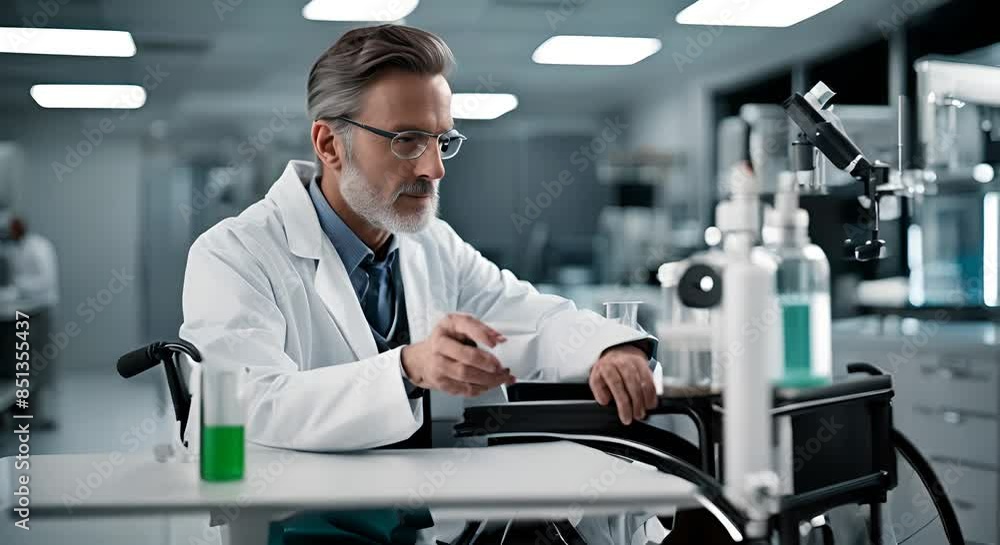 Scientist in wheelchair in the laboratory. Scientist in wheelchair in the laboratory.