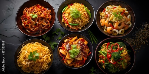 Delicious Asian Street Food Recipes for Yakisoba, Chow Mein, Soba, and Singapore Noodles. Concept Asian Street Food, Yakisoba Recipe, Chow Mein Recipe, Soba Noodles, Singapore Noodles Recipe photo