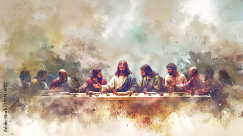 A watercolor painting depicting Jesus and his disciples sharing a meal, the Last Supper