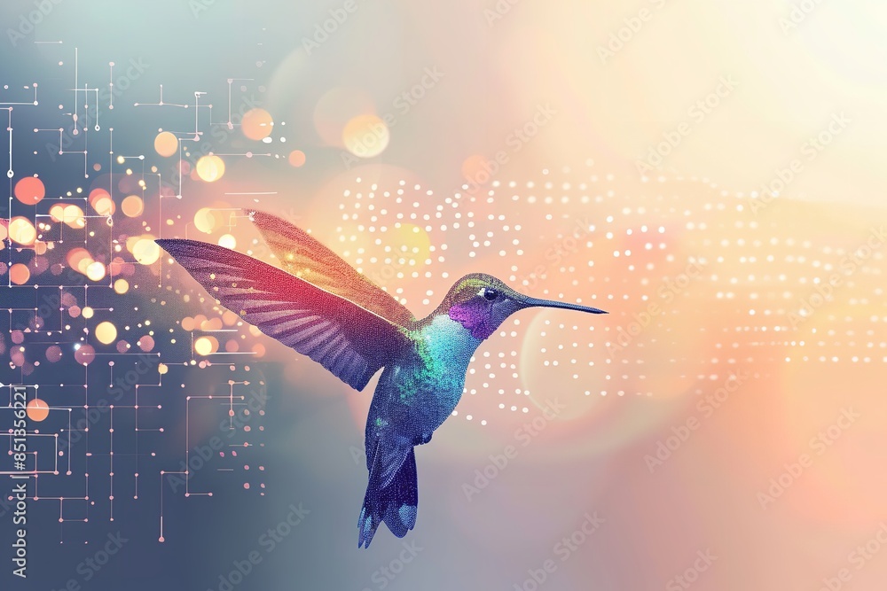 Fototapeta premium Concept of harmonious data flow including a digital hummingbird. Generative Ai