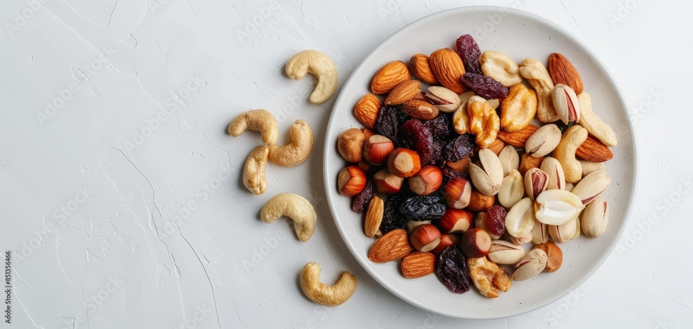Plate of mixed nuts and dried fruits, high in fiber, on a clean white plate, with a minimalistic background Plate of mixed nuts and dried fruits, high in fiber, on a clean white plate, with a minimalistic background