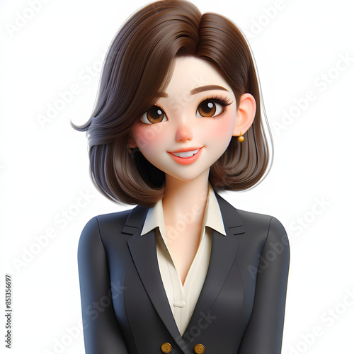 3D Rendering of Happy Asian Businesswoman with Glasses in Professional Attire