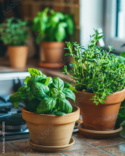 Potted herbs including basil, rosemary, and mint, arranged on a kitchen counter, natural light, fresh and aromatic, culinary herb garden © EC Tech 