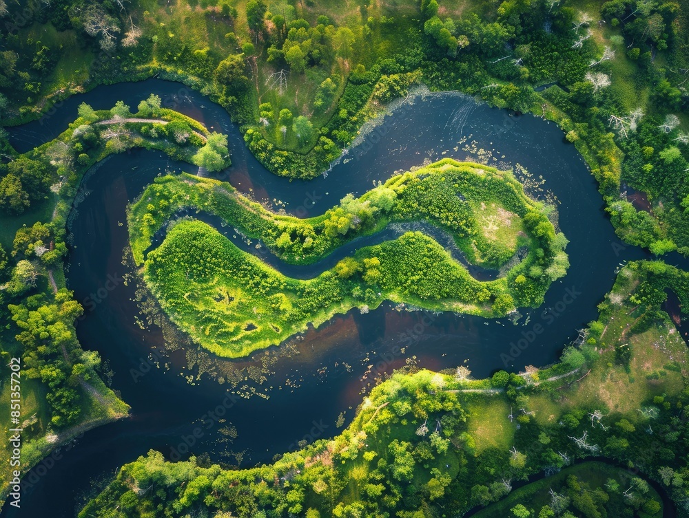 Aerial shot of a winding river meandering through the park Aerial shot of a winding river meandering through the park