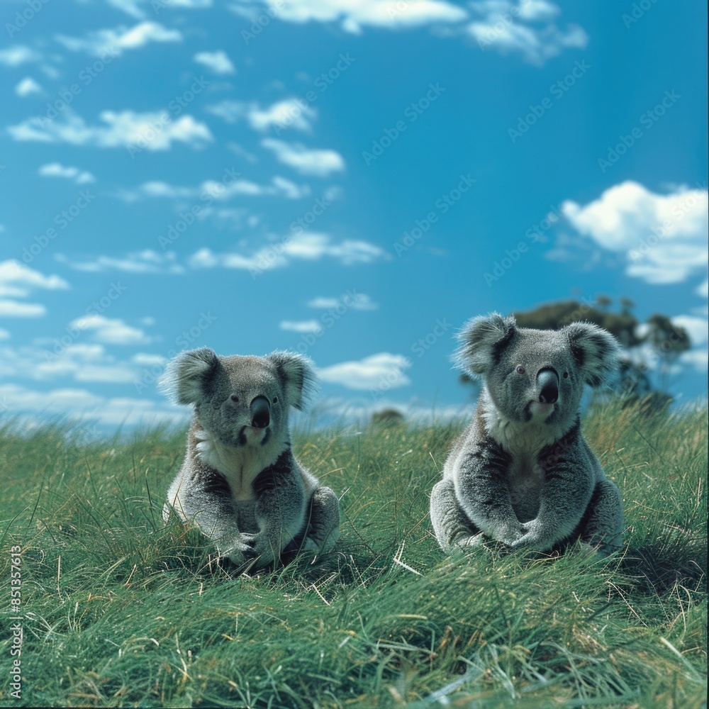 Obraz premium Two koalas sitting in grass on sunny day