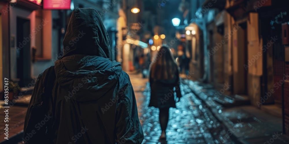 A man in a hood stalks a girl at night on a dark street A man in a hood stalks a girl at night on a dark street