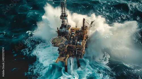 An aerial view of an oil and gas production station at sea, braving a powerful storm with crashing waves
