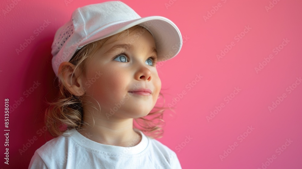 Girl wearing pink and white cap against pink wall Girl wearing pink and white cap against pink wall