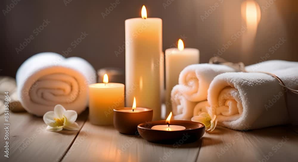 Spa retreat video background with candles, rolled towels, and flowers, perfect for luxury spa center, beauty salon, wellness center. Inviting spa atmosphere with candles and flowers.
Spa retreat video background with candles, rolled towels, and flowers, perfect for luxury spa center, beauty salon, wellness center. Inviting spa atmosphere with candles and flowers.