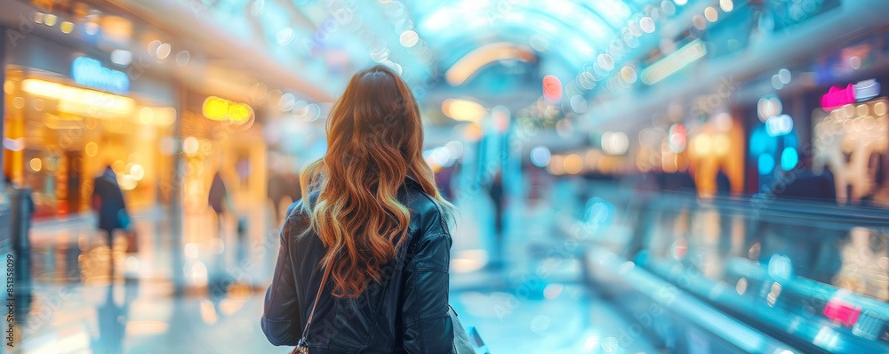 Blurred background of a modern shopping mall with some shoppers. Stylish women looking at showcase, motion blur. Blurred background of a modern shopping mall with some shoppers. Stylish women looking at showcase, motion blur.