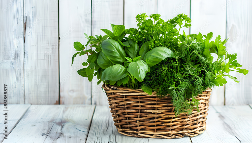 Spicy herbs: green basil, mint, coriander, dill, cilantro, parsley in wicker basket on a vintage wooden background Spicy herbs: green basil, mint, coriander, dill, cilantro, parsley in wicker basket on a vintage wooden background