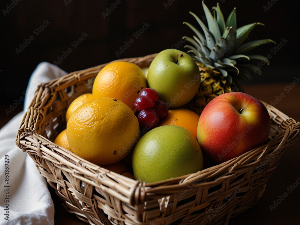 basket of fruits, variety of fruits in a basket with black background basket of fruits, variety of fruits in a basket with black background