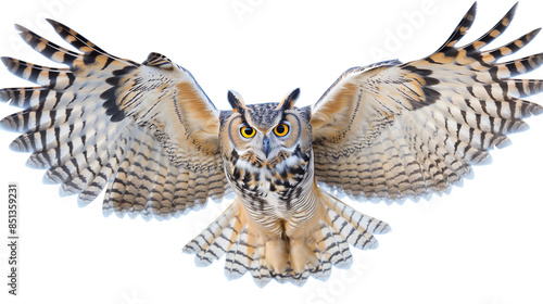 Front Aerial View of an Owl Isolated on White Background, Detailed, PNG