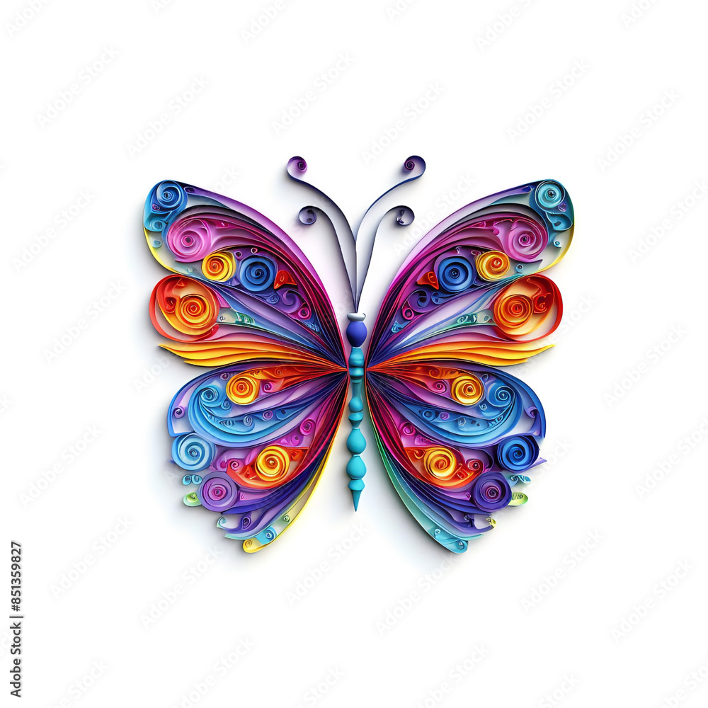 Cool Blue and purple colored paper quilling butterfly with intricate wings on white background Cool Blue and purple colored paper quilling butterfly with intricate wings on white background