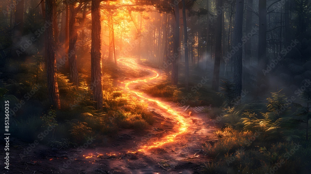 Fototapeta premium Mystical Forest Path Illuminated by Glowing Light