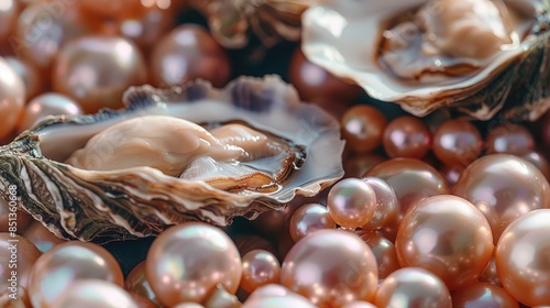 Close-Up of Open Oysters with Shiny Pearls Inside and Surrounding Pink Pearls on Display © Dragon42