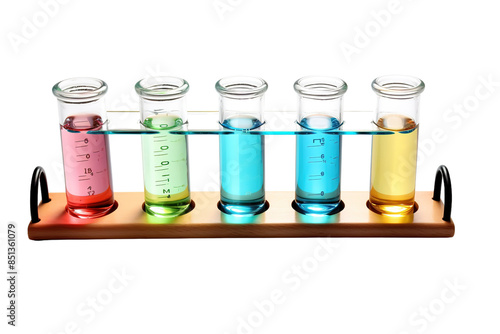 A Spectrum of Scientific Discovery: Colorful Liquids in Test Tubes on a Wooden Rack on White or PNG Transparent Background.