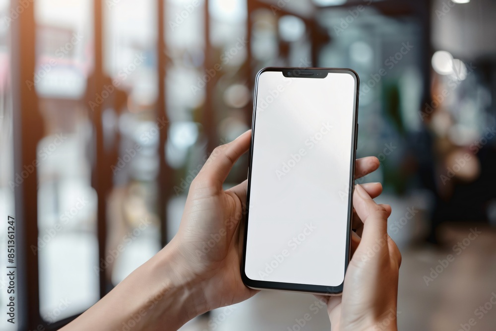 Hand Holding Smartphone with White Screen Mockup Against Blurred Background Hand Holding Smartphone with White Screen Mockup Against Blurred Background