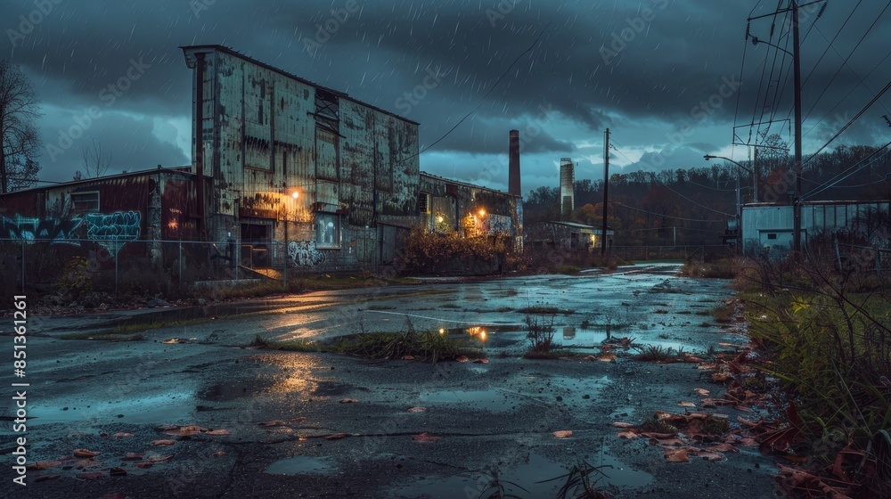 Fototapeta premium An abandoned industrial site on a rainy night, with puddles reflecting the dim streetlights. The building's facade is covered in graffiti, and the area is overgrown with vegetation. 