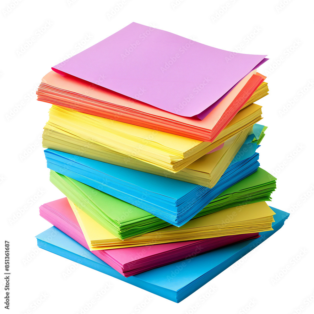 Stack of colorful paper sheets against transparent background Stack of colorful paper sheets against transparent background