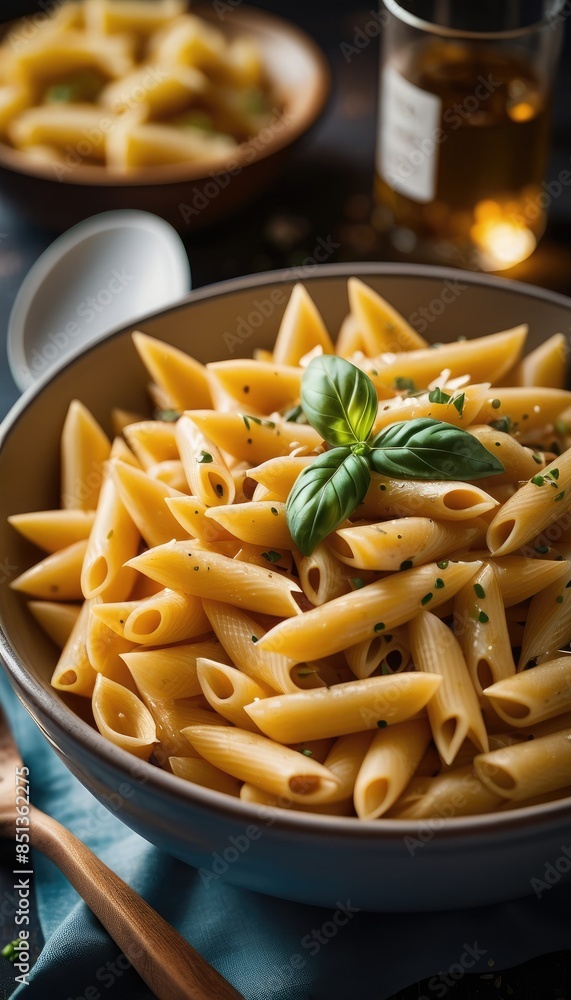 Indulge in this penne pasta delight, perfectly seasoned with herbs, garlic, and tomatoes, and topped with fresh basil leaves and grated Parmesan cheese Indulge in this penne pasta delight, perfectly seasoned with herbs, garlic, and tomatoes, and topped with fresh basil leaves and grated Parmesan cheese